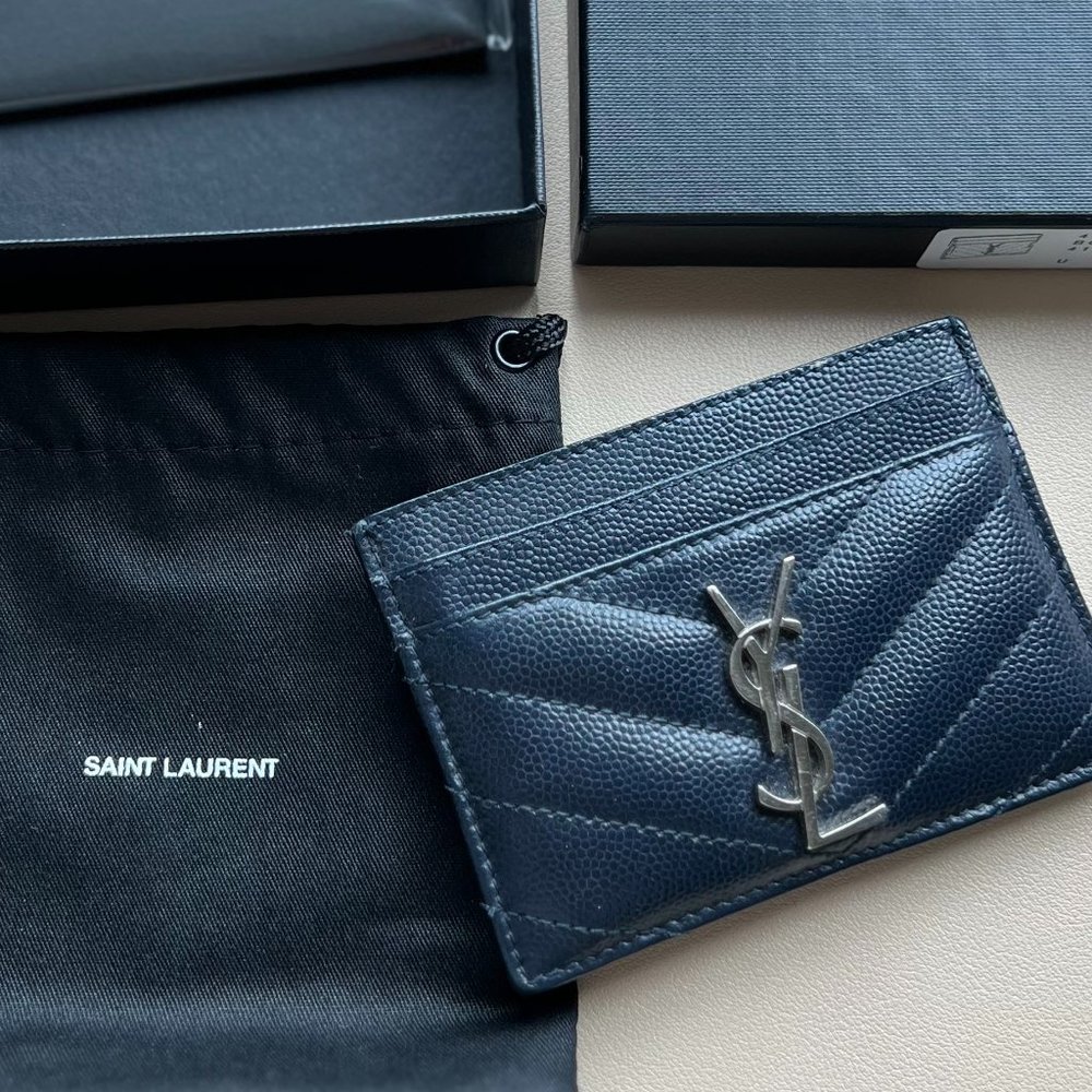 Saint Laurent Matellase Chevron Monogram Card Holder Navy